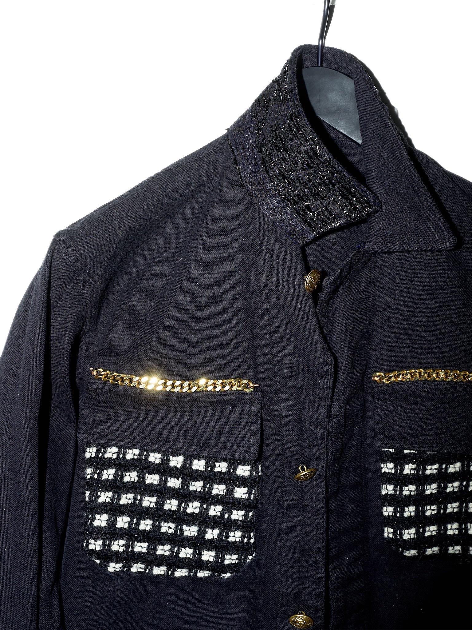 Black Jacket Gold Tone Chain Wool White Black Lurex Tweed Gold Buttons In New Condition In Los Angeles, CA