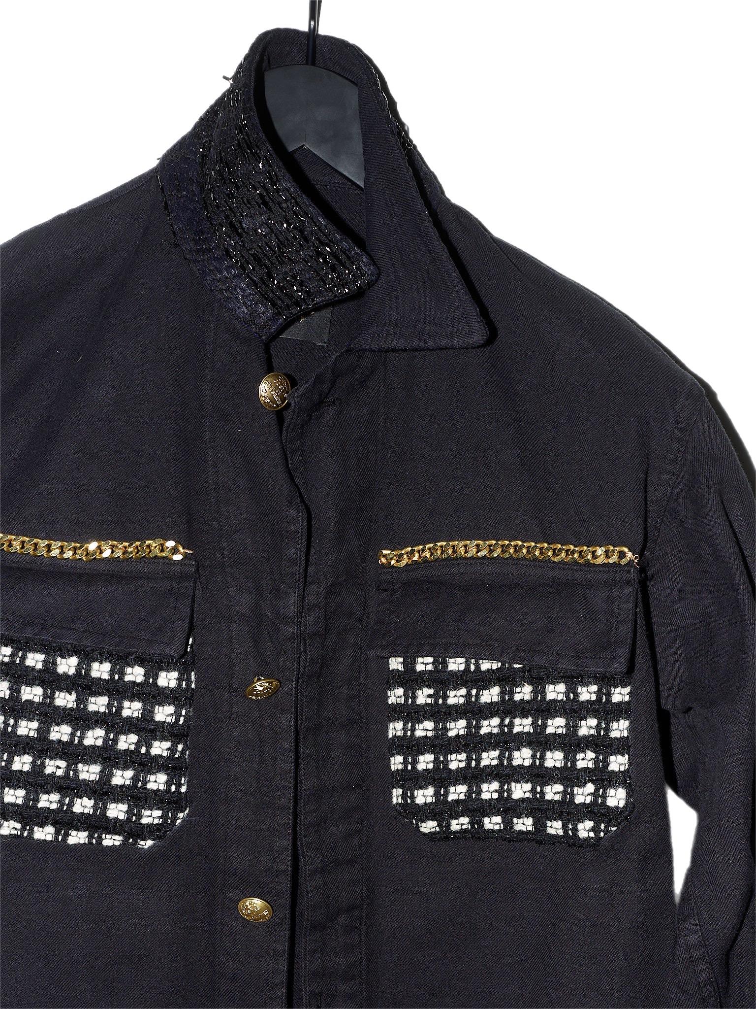 Women's Black Jacket Gold Tone Chain Wool White Black Lurex Tweed Gold Buttons