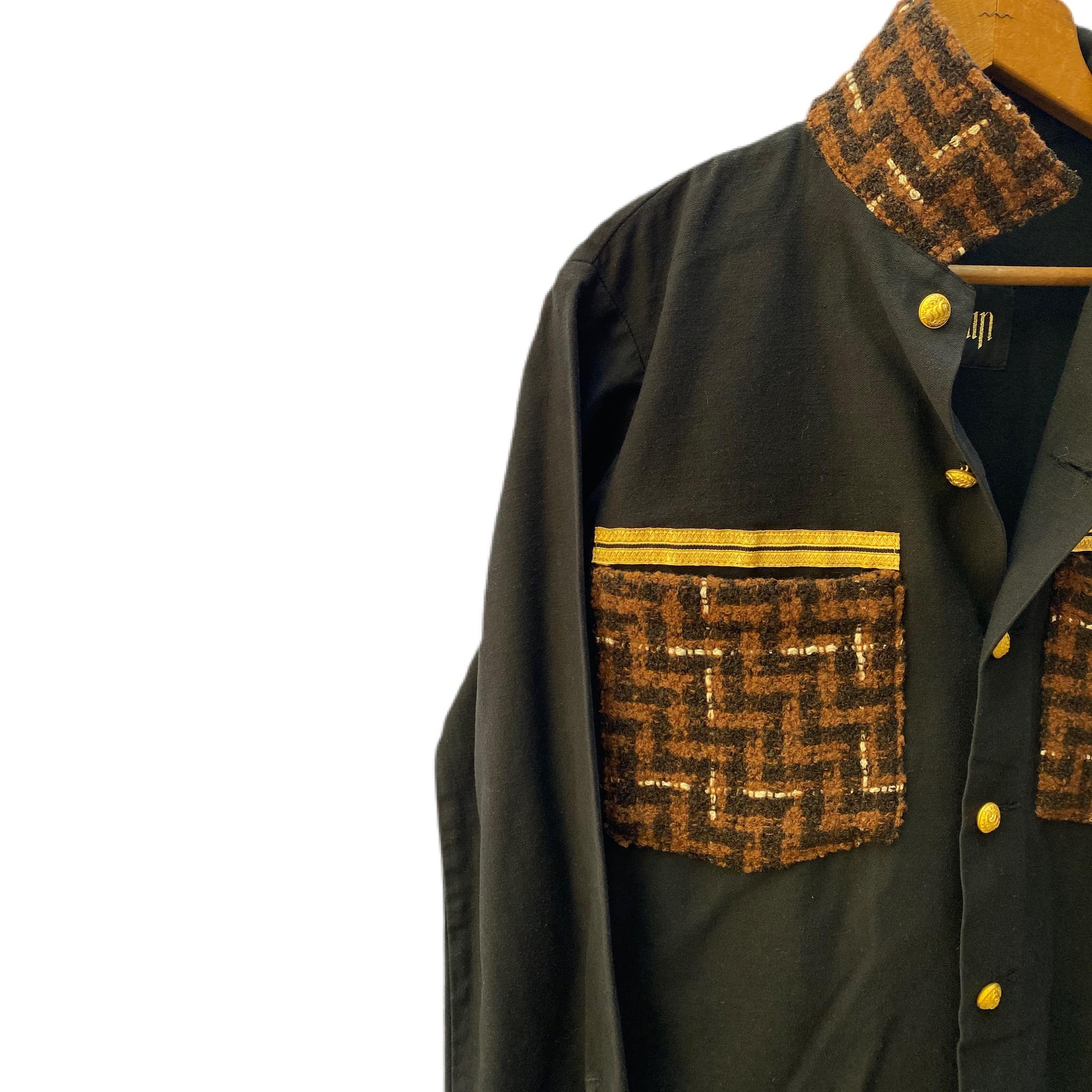 Black Jacket Military Brown Wool Tweed Gold Braid Buttons J Dauphin

Original Vintage US Military Fatigue Shirt Jacket Repurposed and Embellished with Brown Wool Tweed Gold Braid.
Original Military Vintage Gold tone Buttons in brass
Size: