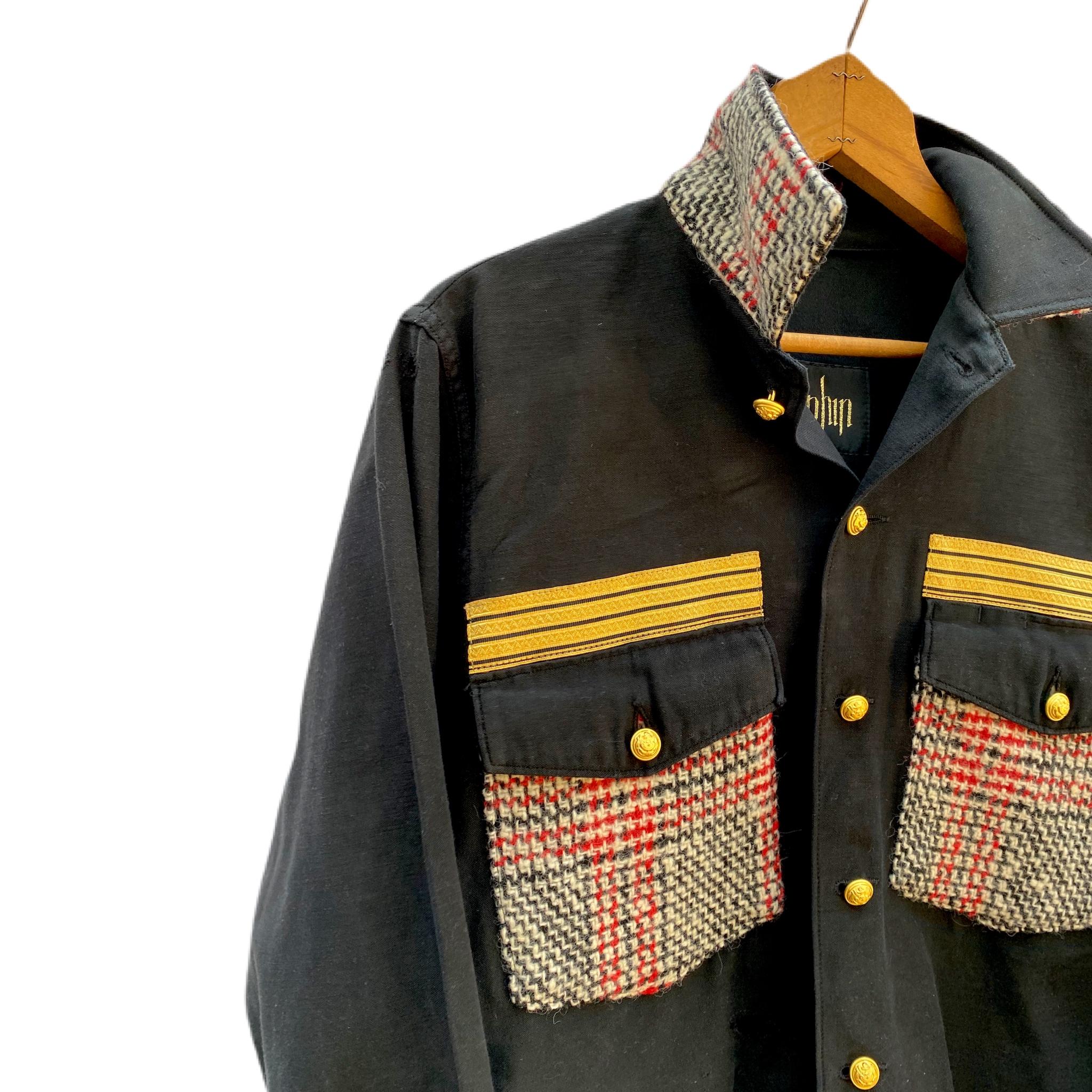 Black Jacket Military Red White Black Tartan Wool Gold Braid Buttons J Dauphin In New Condition In Los Angeles, CA