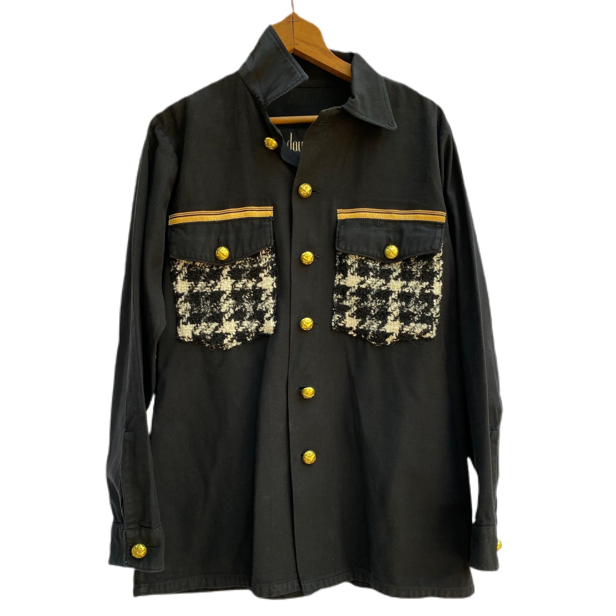 Black Jacket Military White Black Wool Tartan Gold Braid Buttons J Dauphin In New Condition In Los Angeles, CA