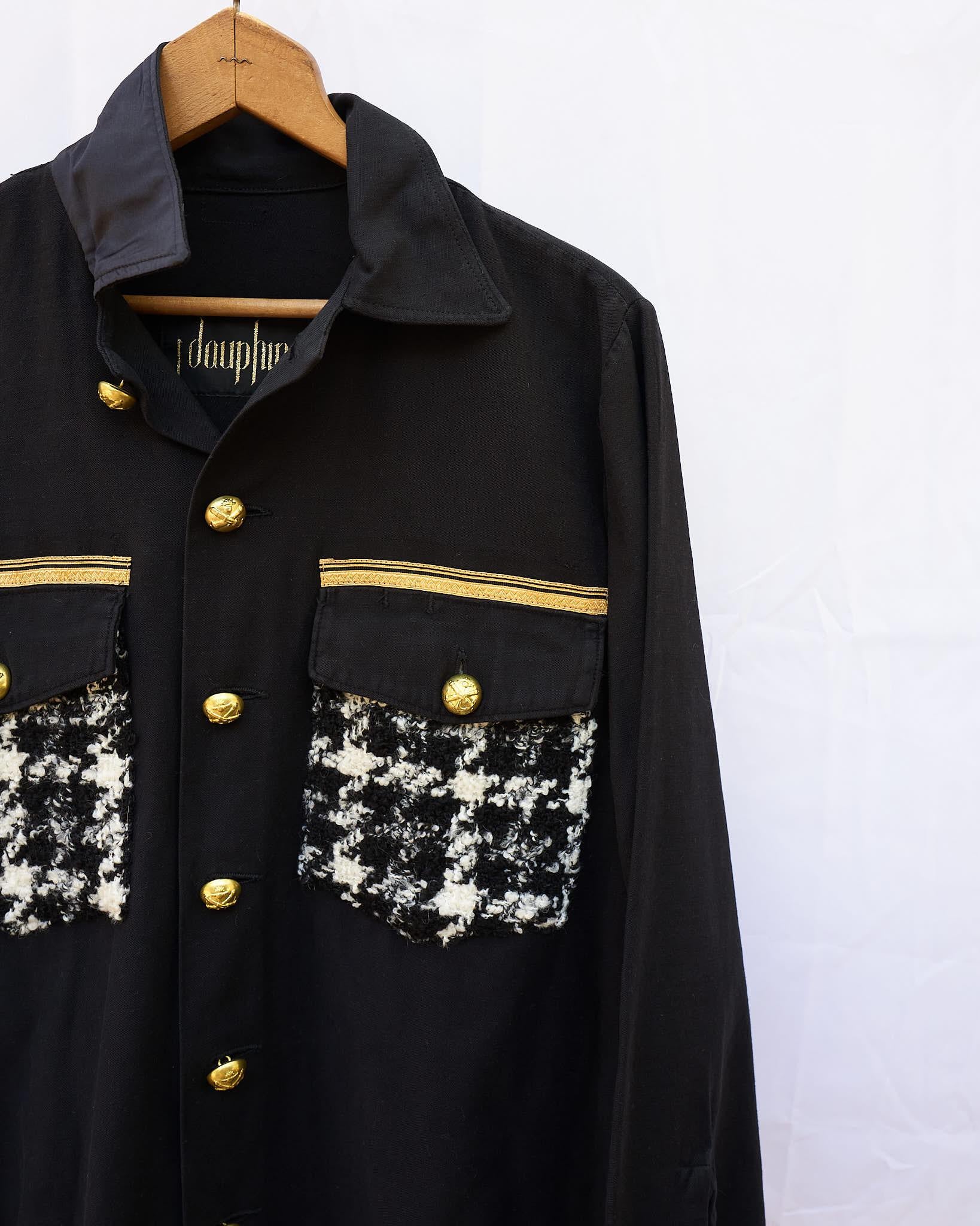 Black Jacket Military White Black Wool Tartan Gold Braid Buttons J Dauphin

Original Vintage US Military Fatigue Shirt Jacket Repurposed and Embellished with White Black Wool Tartan, Military Gold Braid 
Original Military Vintage Gold tone Buttons