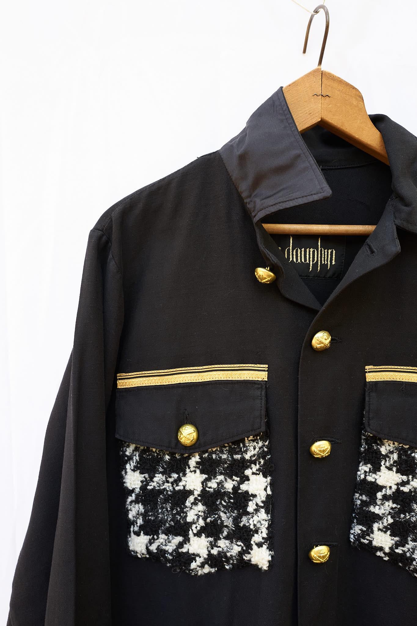 Black Jacket Military White Black Wool Tartan Gold Braid Buttons J Dauphin In New Condition In Los Angeles, CA