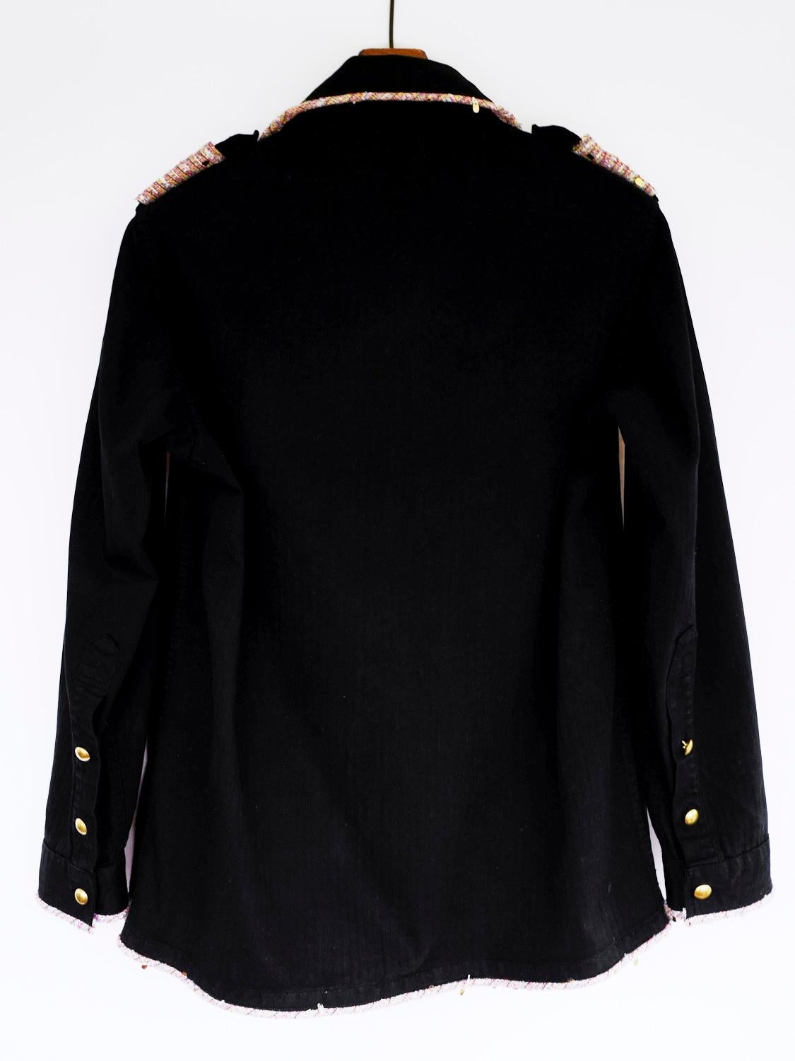 Black Jacket Pink Tweed Gold Sequin Military Large One of a kind J Dauphin In New Condition In Los Angeles, CA