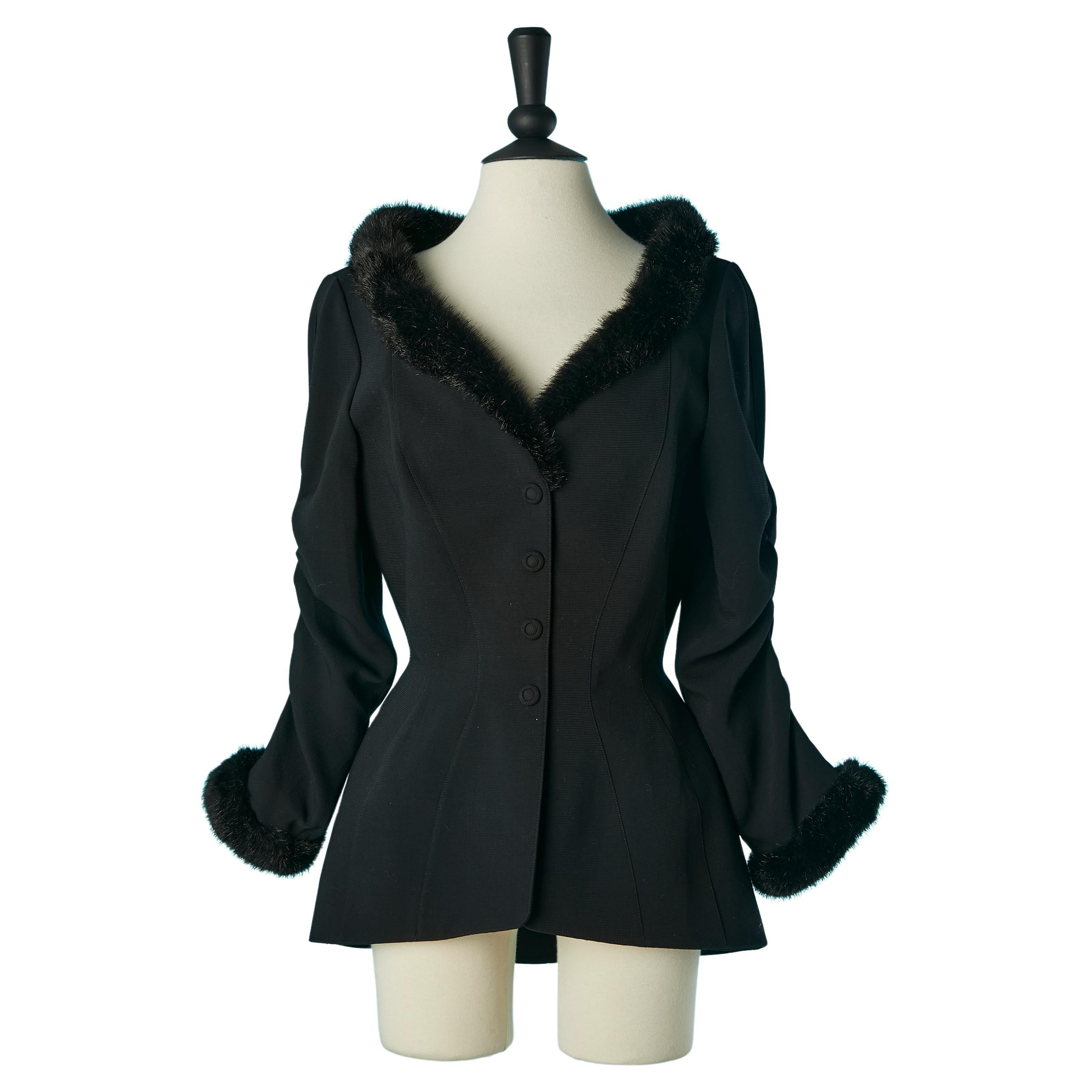 Black jacket with fake furs collar and gathered sleeves THIERRY MUGLER For Sale