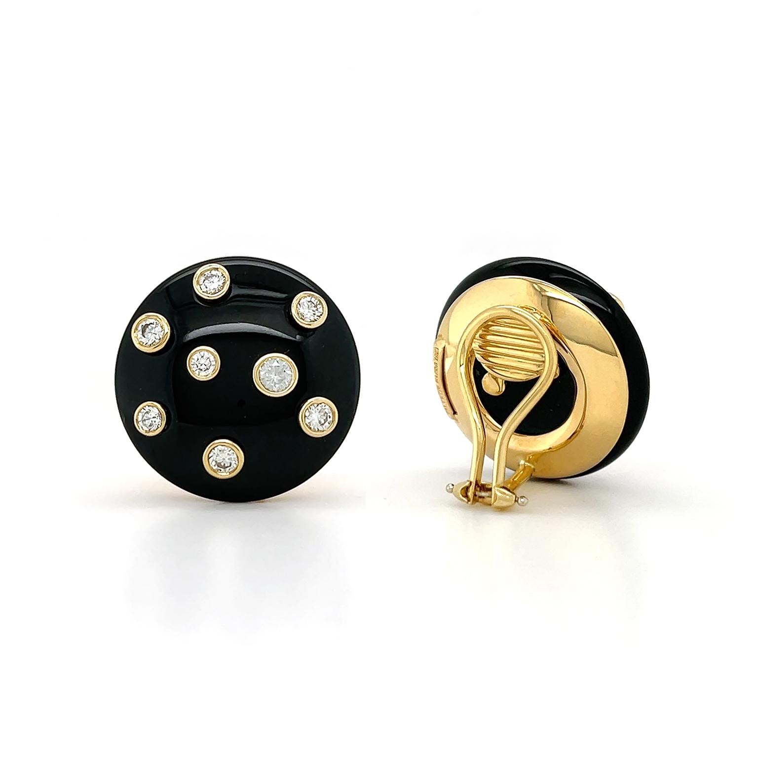 Round Cut Black Jade and Diamond 18K Yellow Gold Dome Earrings For Sale
