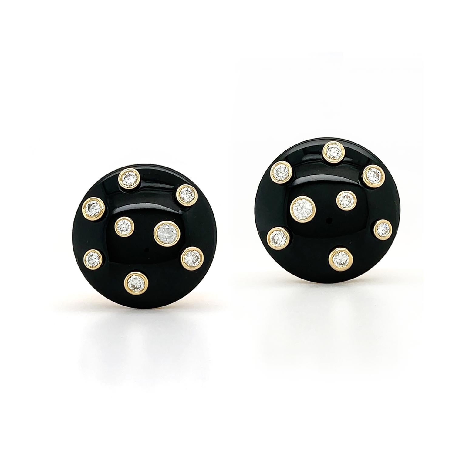 Women's or Men's Black Jade and Diamond 18K Yellow Gold Dome Earrings For Sale