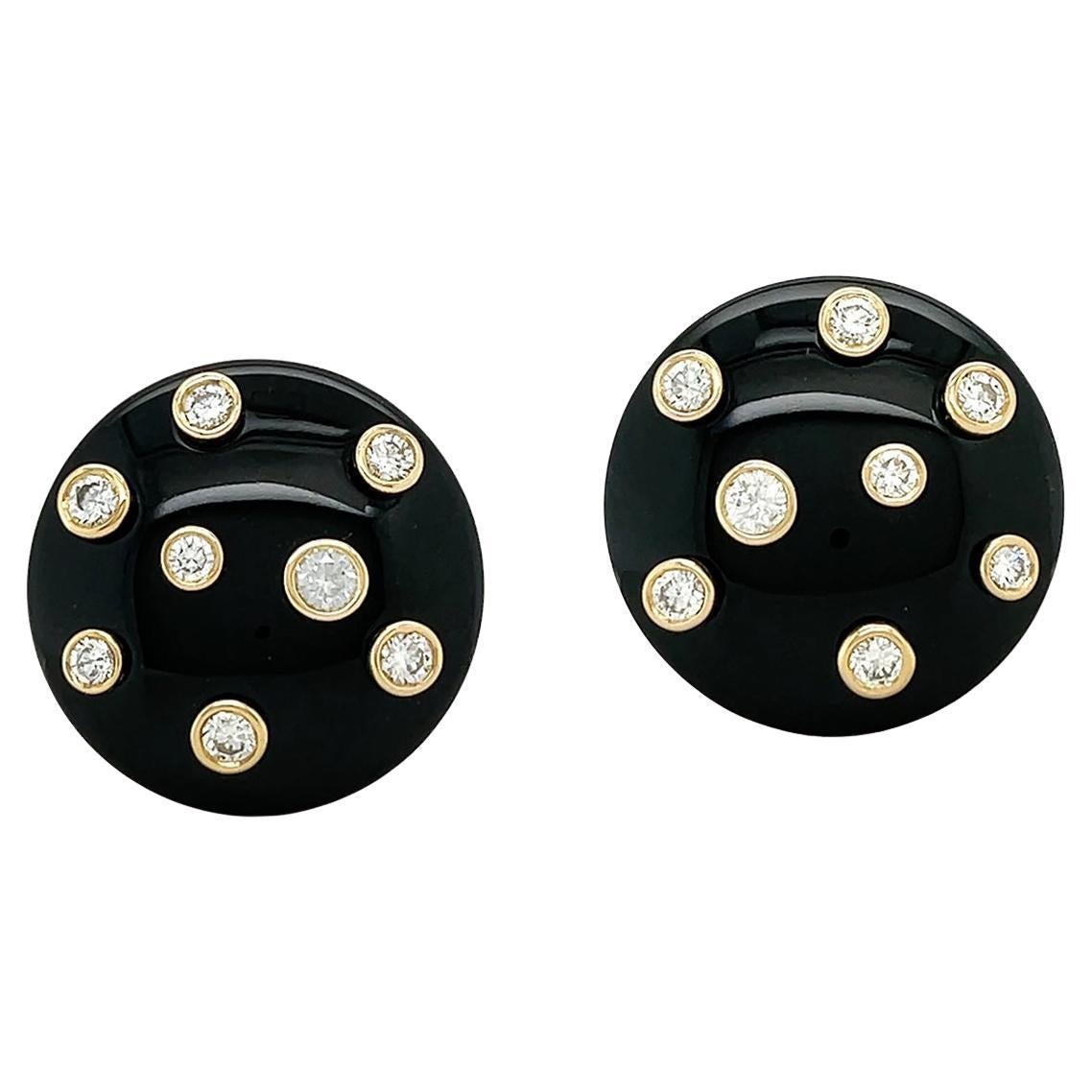 Black Jade and Diamond 18K Yellow Gold Dome Earrings