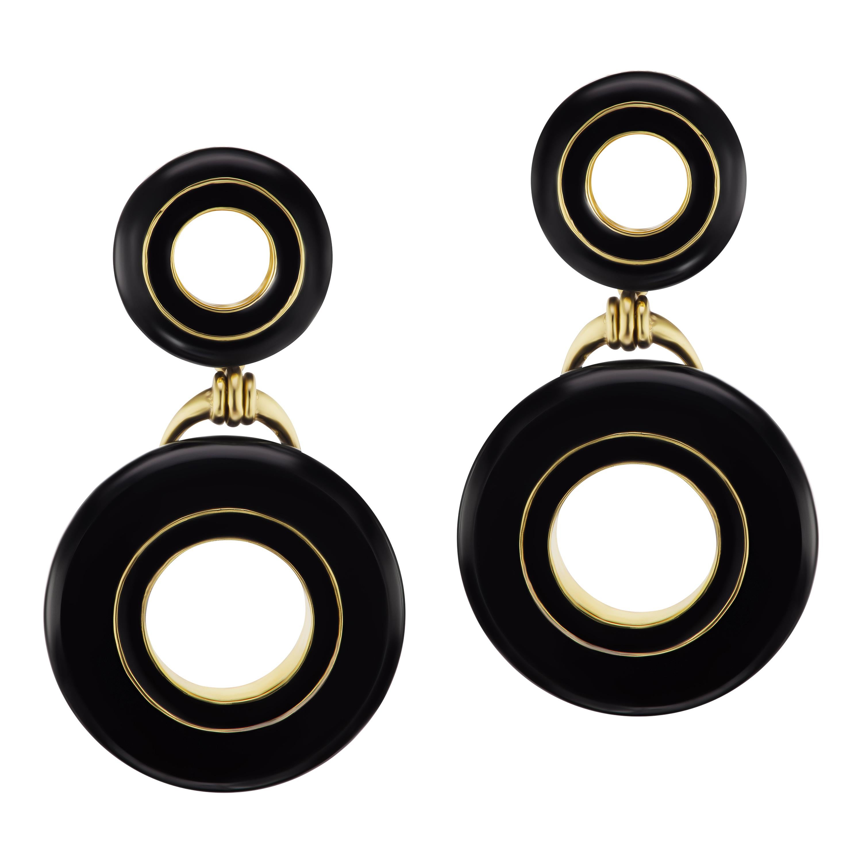 Black Jade and Enamel Earrings in 18 Karat Yellow Gold For Sale