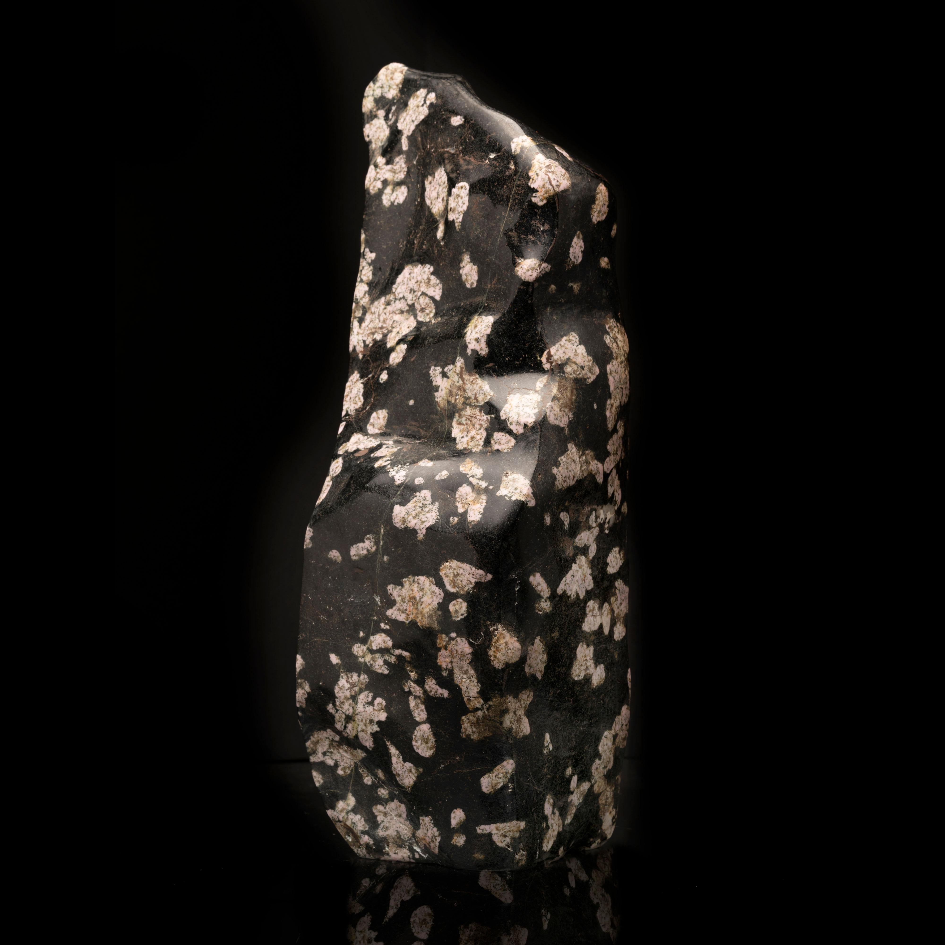 This stately black jade freeform has been expertly hand-polished and features blossoms of pink zoisite on a juxtaposed inky black jade backdrop. A visually fascinating piece sure to add interest to any home, office, or cabinet.

Dimensions: 5-3/8”W