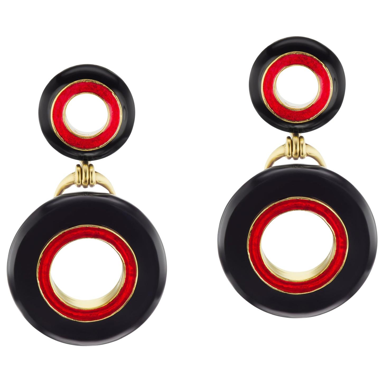 Black Jade and Red Enamel Earrings in 18 Karat Yellow Gold For Sale