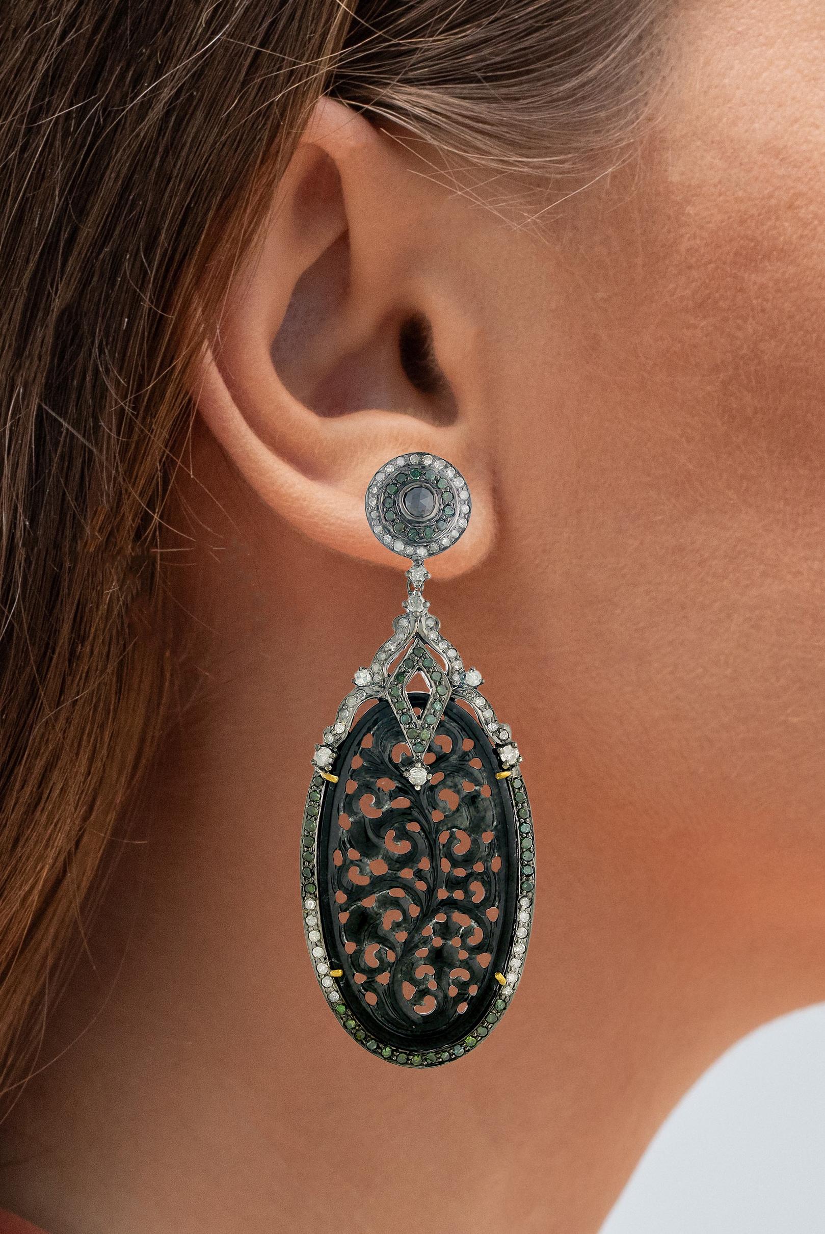 Art Deco Black Jade Dangle Earrings With Diamonds 39.32 Carats For Sale