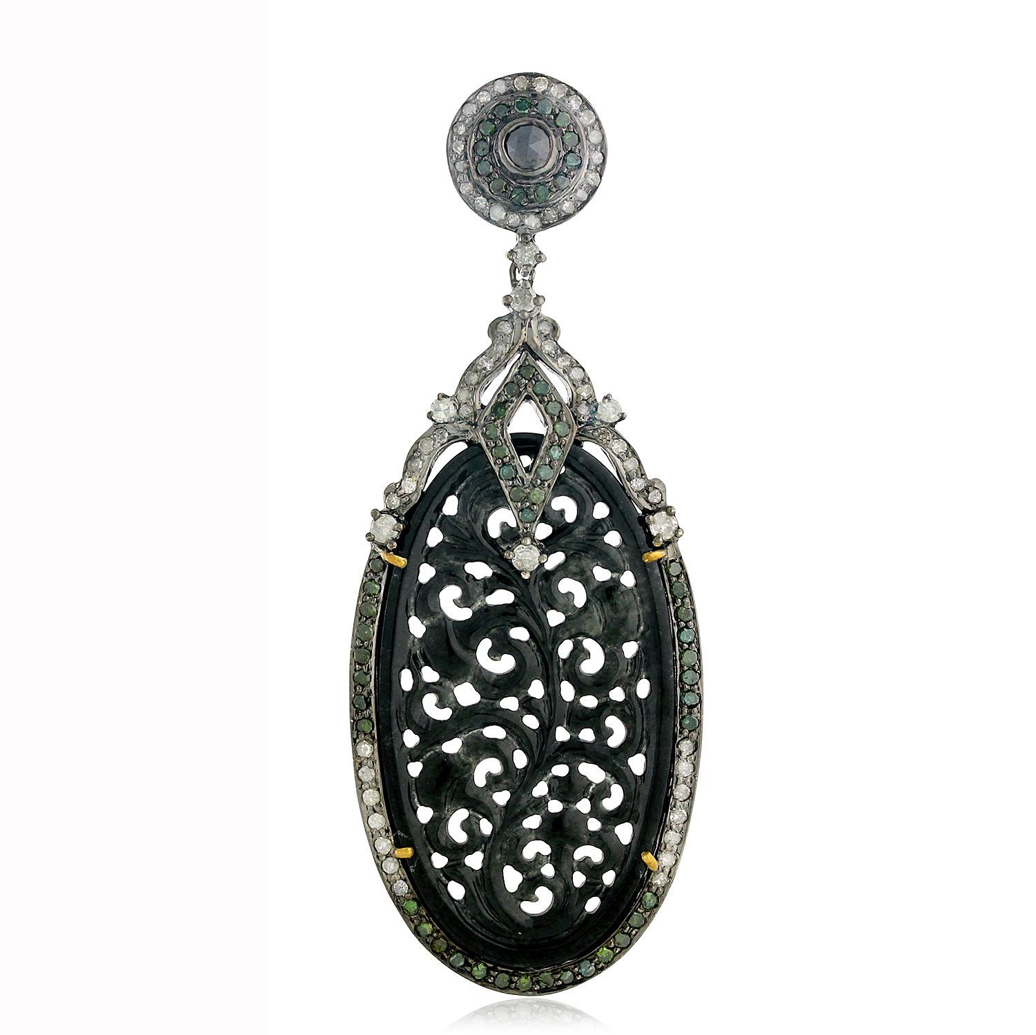Mixed Cut Black Jade Dangle Earrings With Diamonds 39.32 Carats For Sale