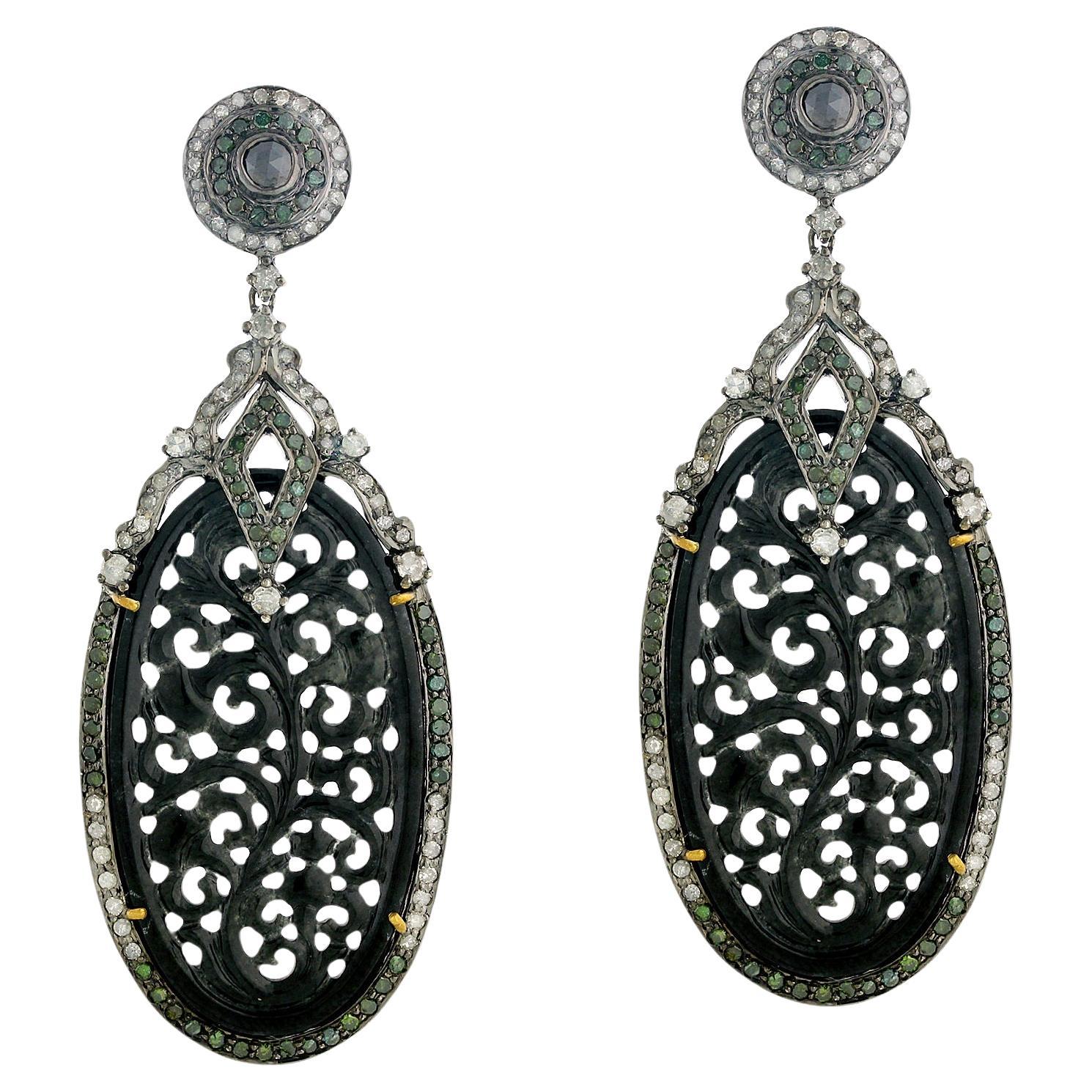 Boucles d'oreilles pendantes en jade noir avec diamants 39.32 carats