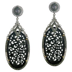 Retro Black Jade Dangle Earrings With Diamonds 39.32 Carats