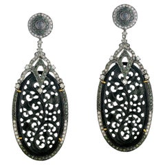 Retro Black Jade Dangle Earrings With Diamonds 39.32 Carats