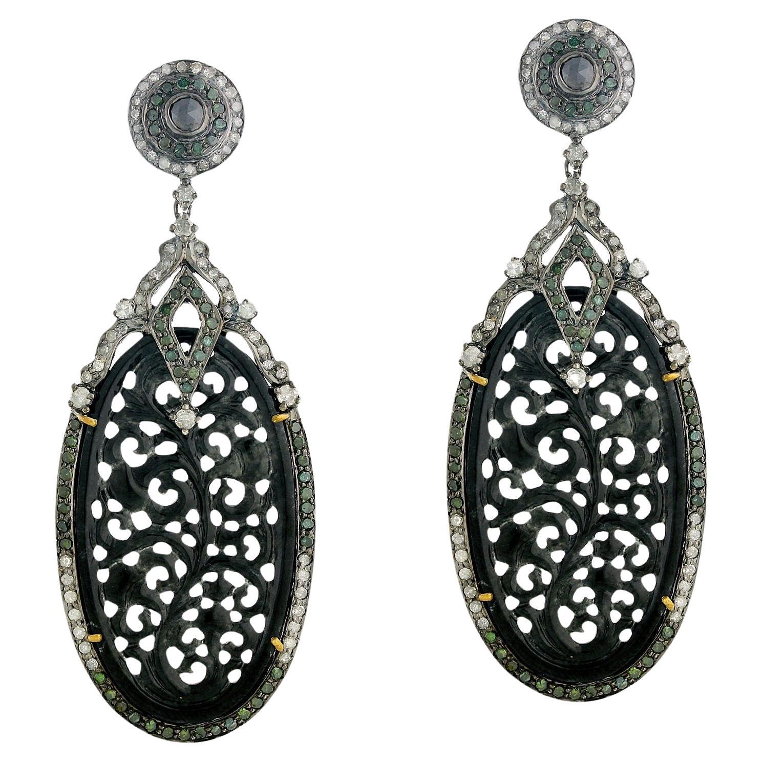 Black Jade Dangle Earrings With Diamonds 39.32 Carats For Sale