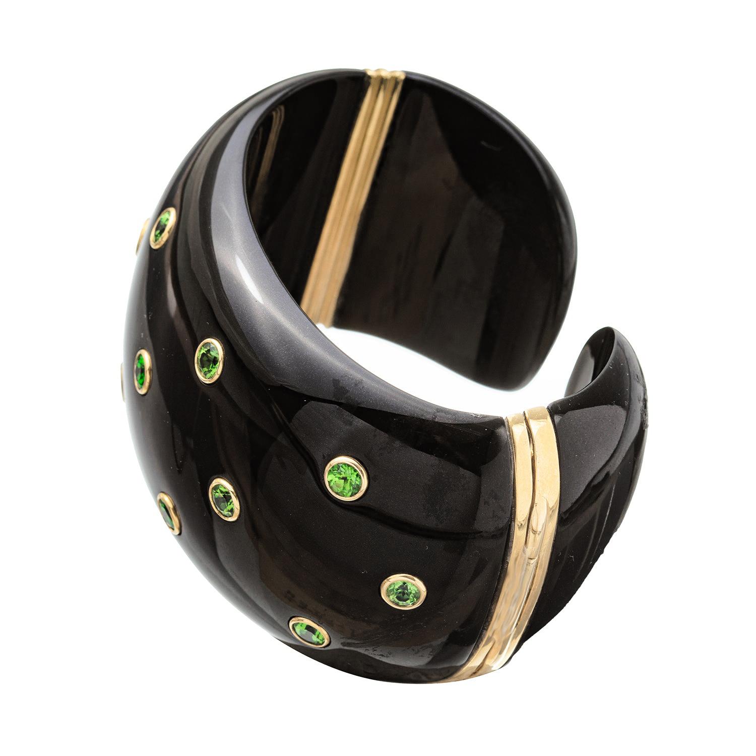 Brilliant Cut Black Jade Demantoid Garnet Cuff Bracelet For Sale