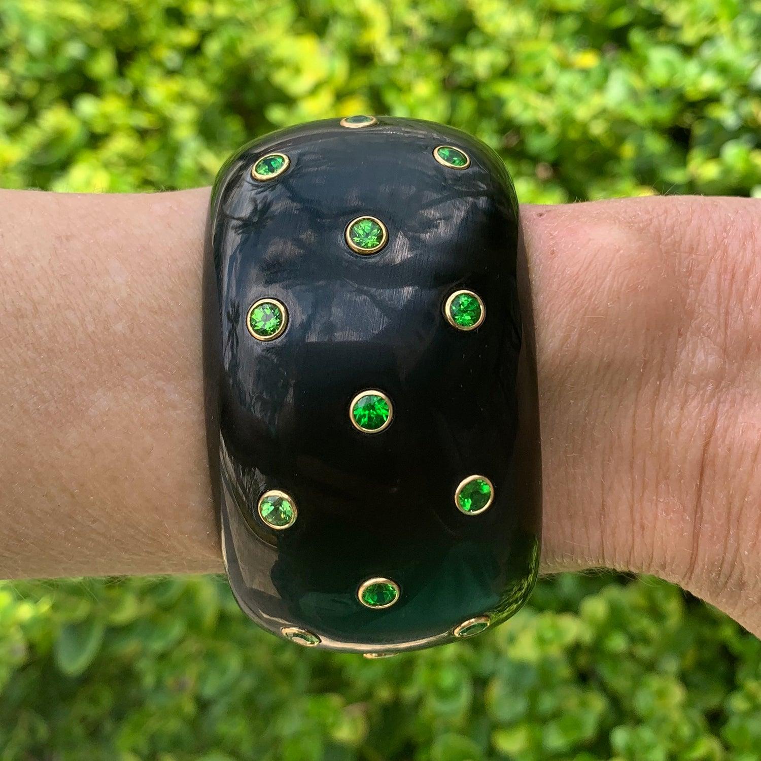 Black Jade Demantoid Garnet Cuff Bracelet In Excellent Condition For Sale In Palm Beach, FL