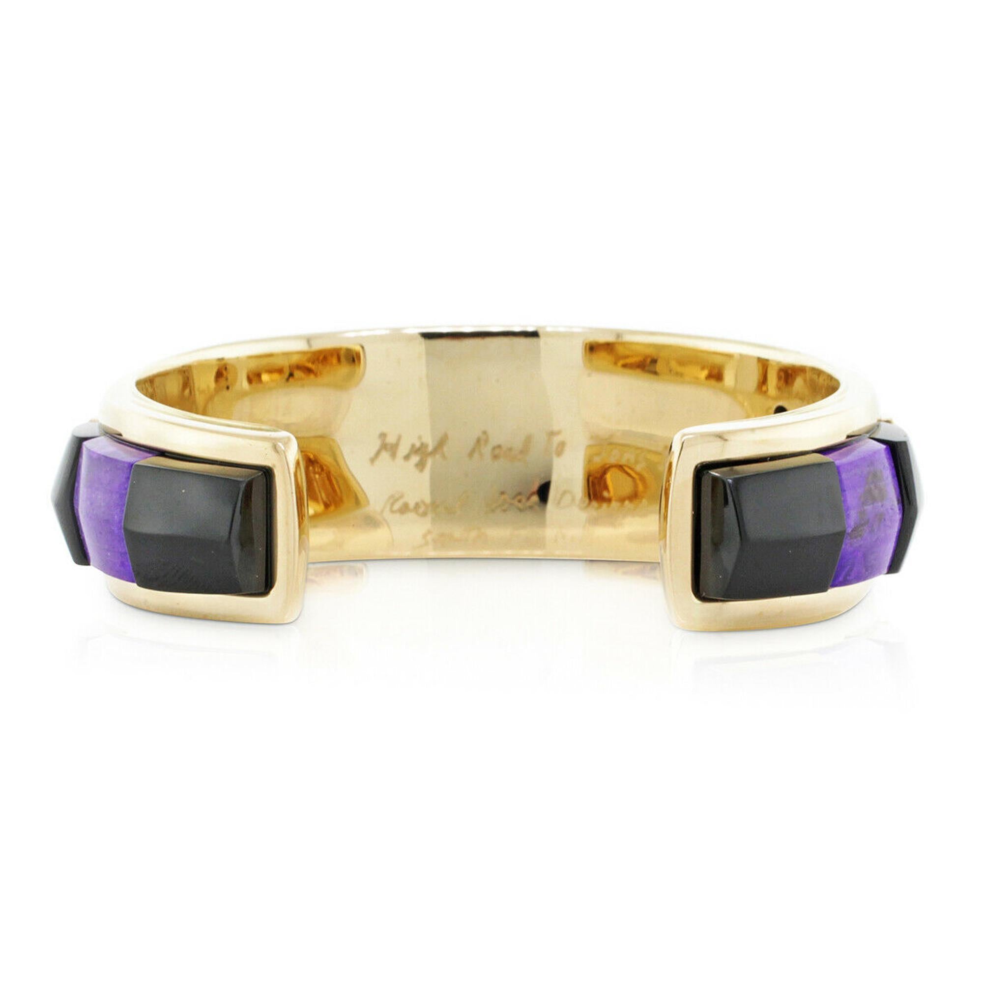Round Cut Black Jade, Fire Opal & Diamond Raoul Sosa Ladies Bracelet Cuff 14K Yellow Gold For Sale