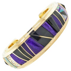 Black Jade Fire Opal Raoul Sosa Diamond Cuff Bracelet 14K Yellow Gold