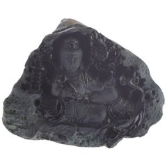 Sculpture de statue sculptée d'un Bouddha féminin en jade noir Guanyin Bodhisattva, Art asiatique