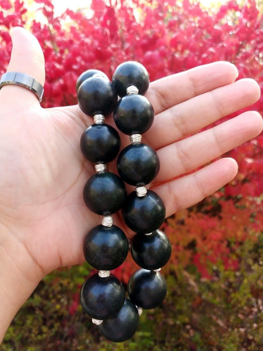 Bead Black Jade Necklace, Eastern Pamir Nephrite For Sale