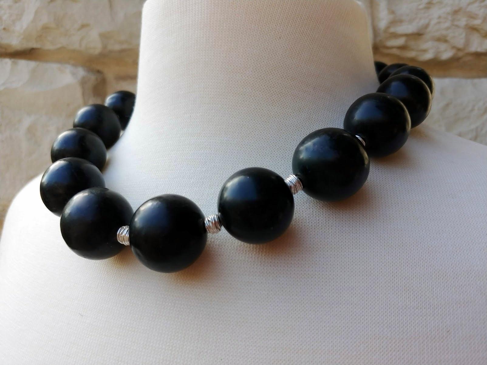 Black Jade Necklace, Eastern Pamir Nephrite In Excellent Condition For Sale In Chesterland, OH