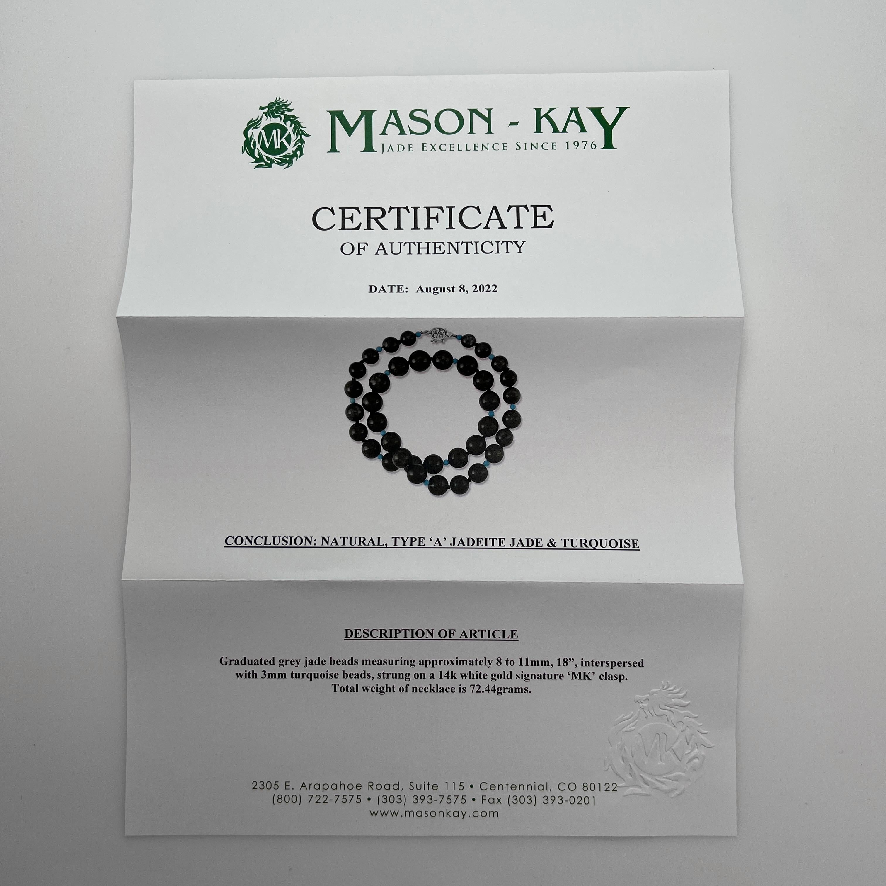 Halskette aus schwarzer Jade mit türkisfarbenem Akzent Perlen, zertifizierter unbehandelter Jadeit Jade im Angebot 4