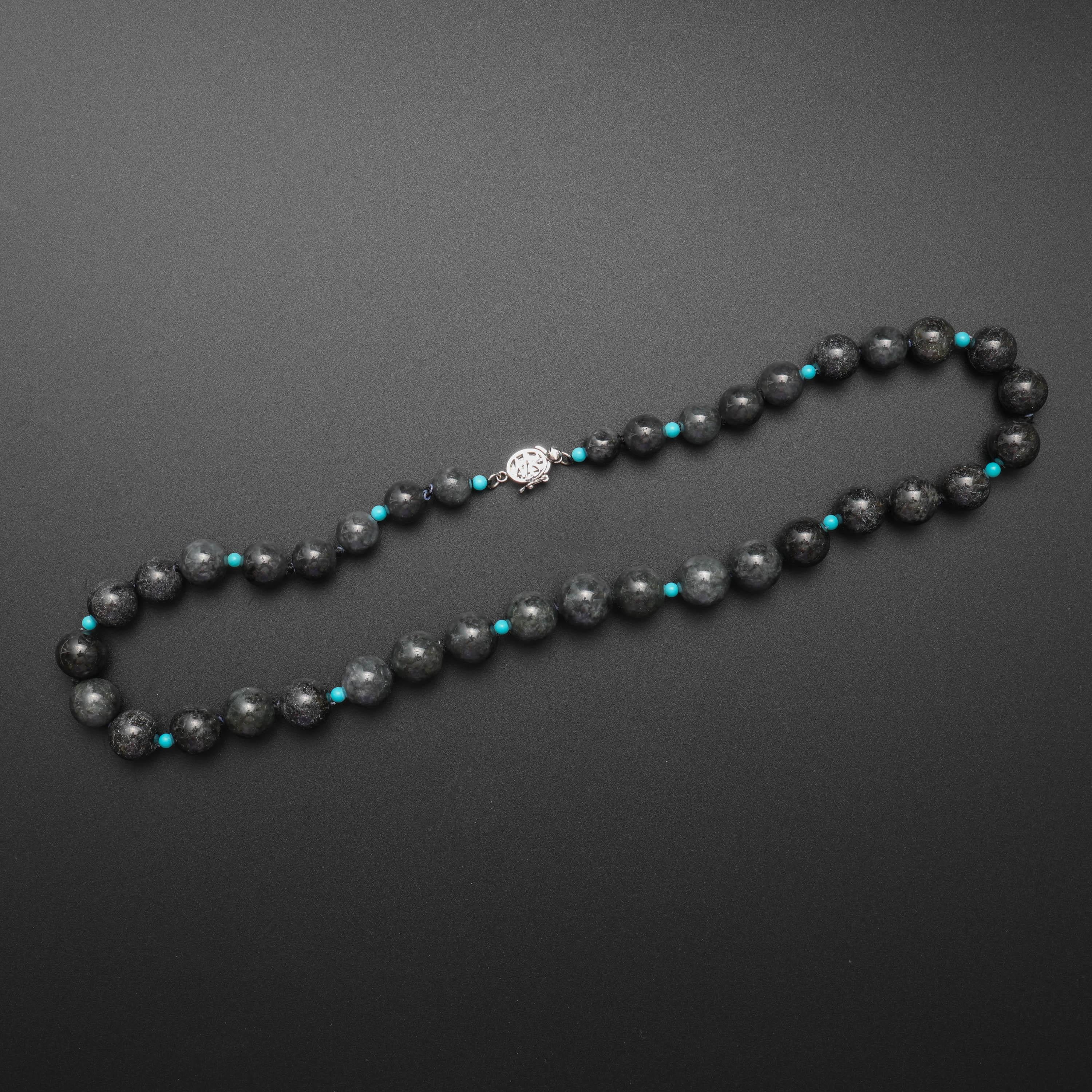 Artisan Black Jade Necklace with Turquoise Accent Beads Certified Untreated Jadeite Jade For Sale
