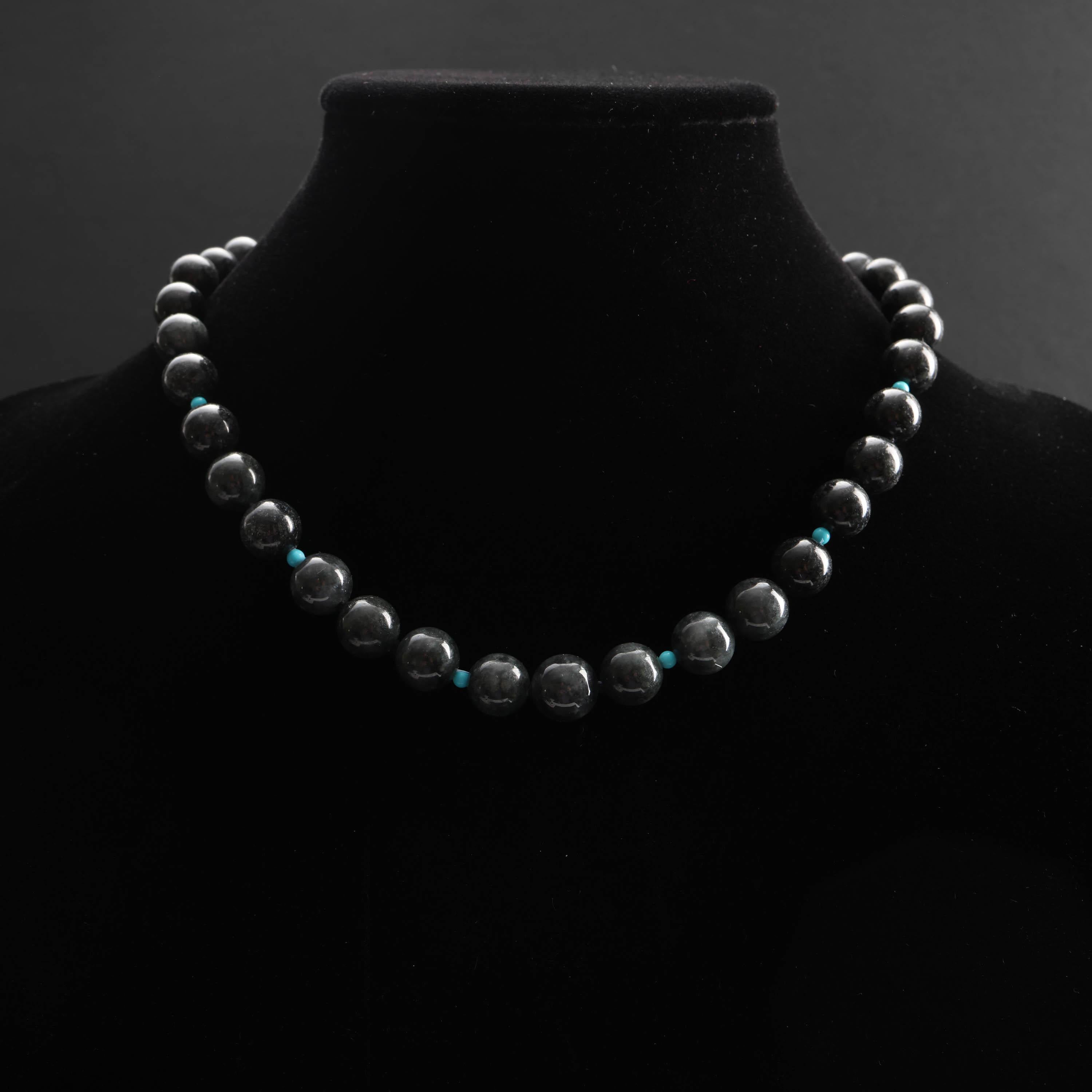 Women's or Men's Black Jade Necklace with Turquoise Accent Beads Certified Untreated Jadeite Jade For Sale