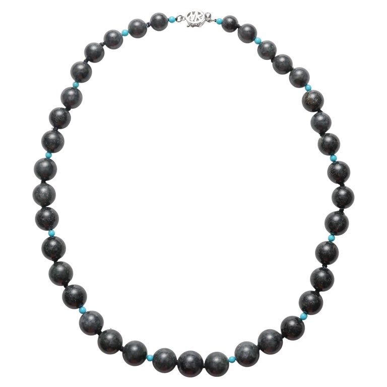 Black Jade Necklace with Turquoise Accent Beads Certified Untreated