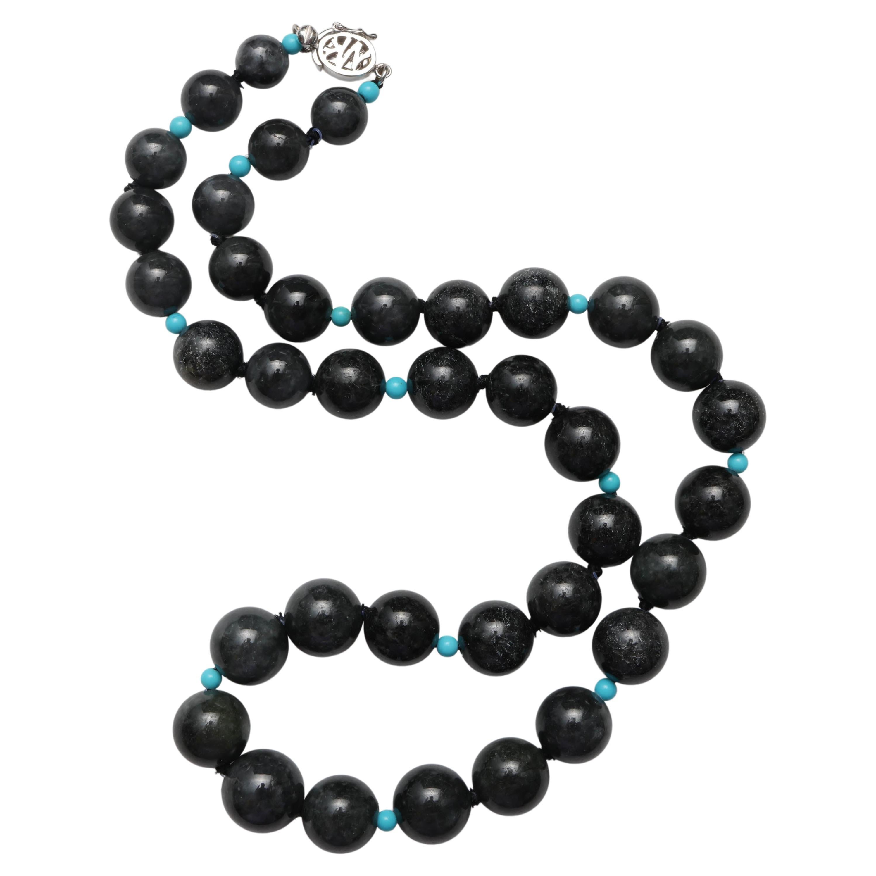 Black Jade Necklace with Turquoise Accent Beads Certified Untreated Jadeite Jade For Sale