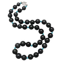 Antique Black Jade Necklace with Turquoise Accent Beads Certified Untreated Jadeite Jade