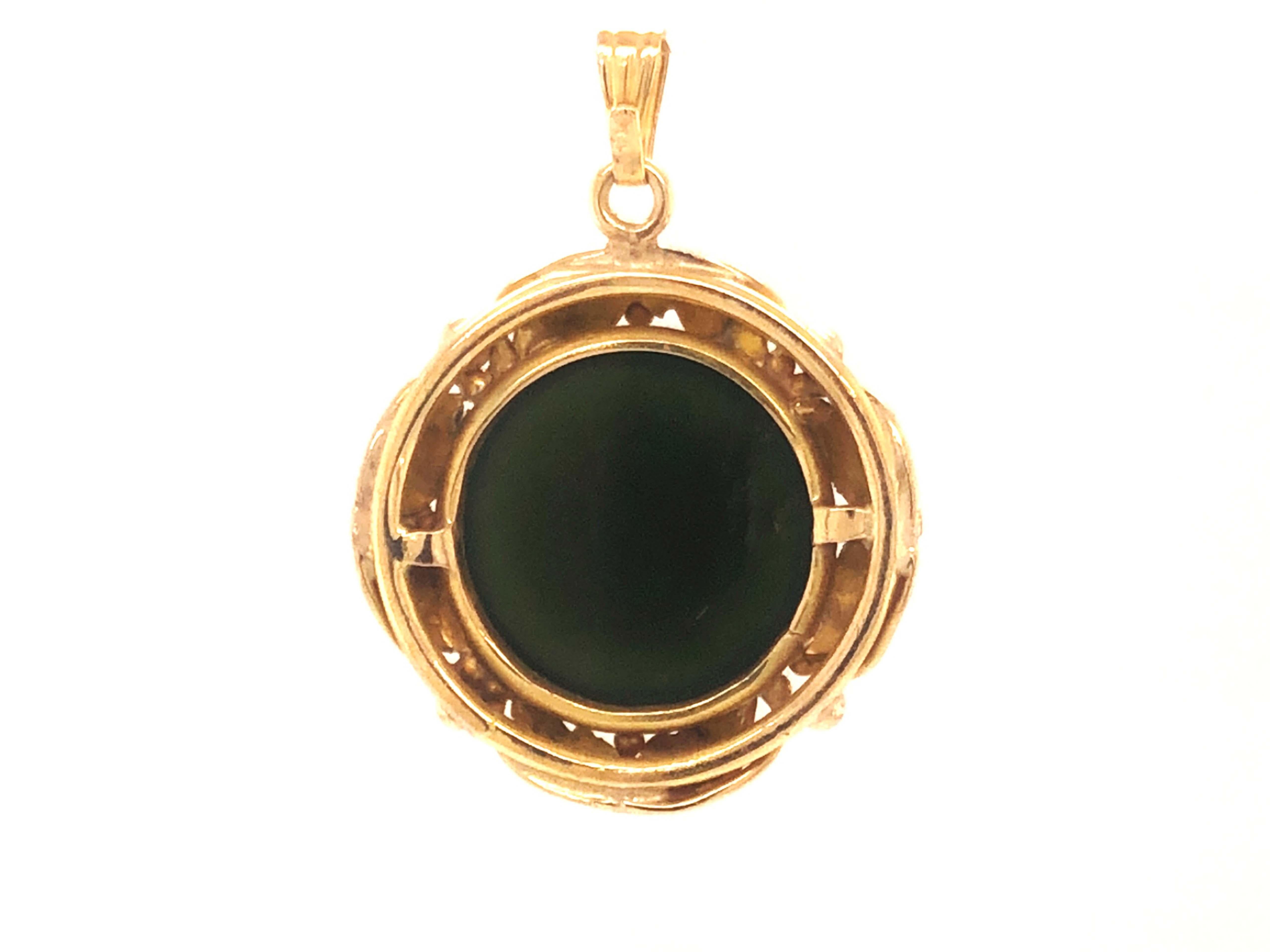 Round Cut Black Jade Pendant and chain in 14k Yellow Gold