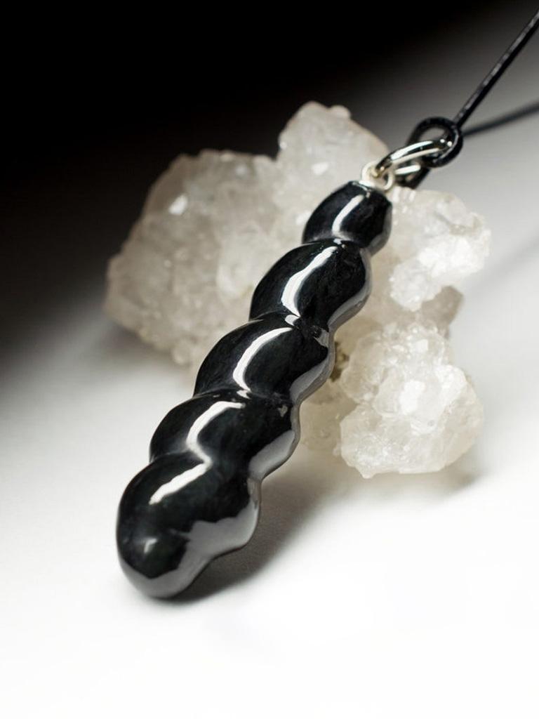 Artisan Black Jade Pendant Leather Cord China hand carving necklace Natural Spiral Gem For Sale