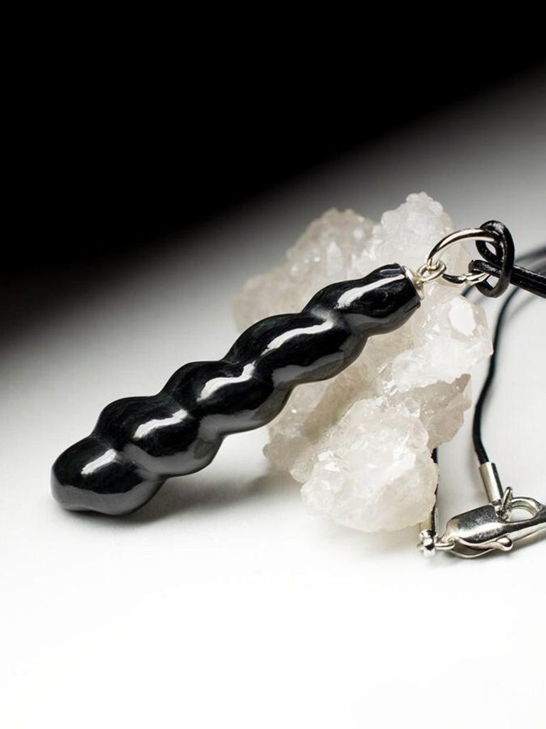 Women's or Men's Black Jade Pendant Leather Cord China hand carving necklace Natural Spiral Gem For Sale