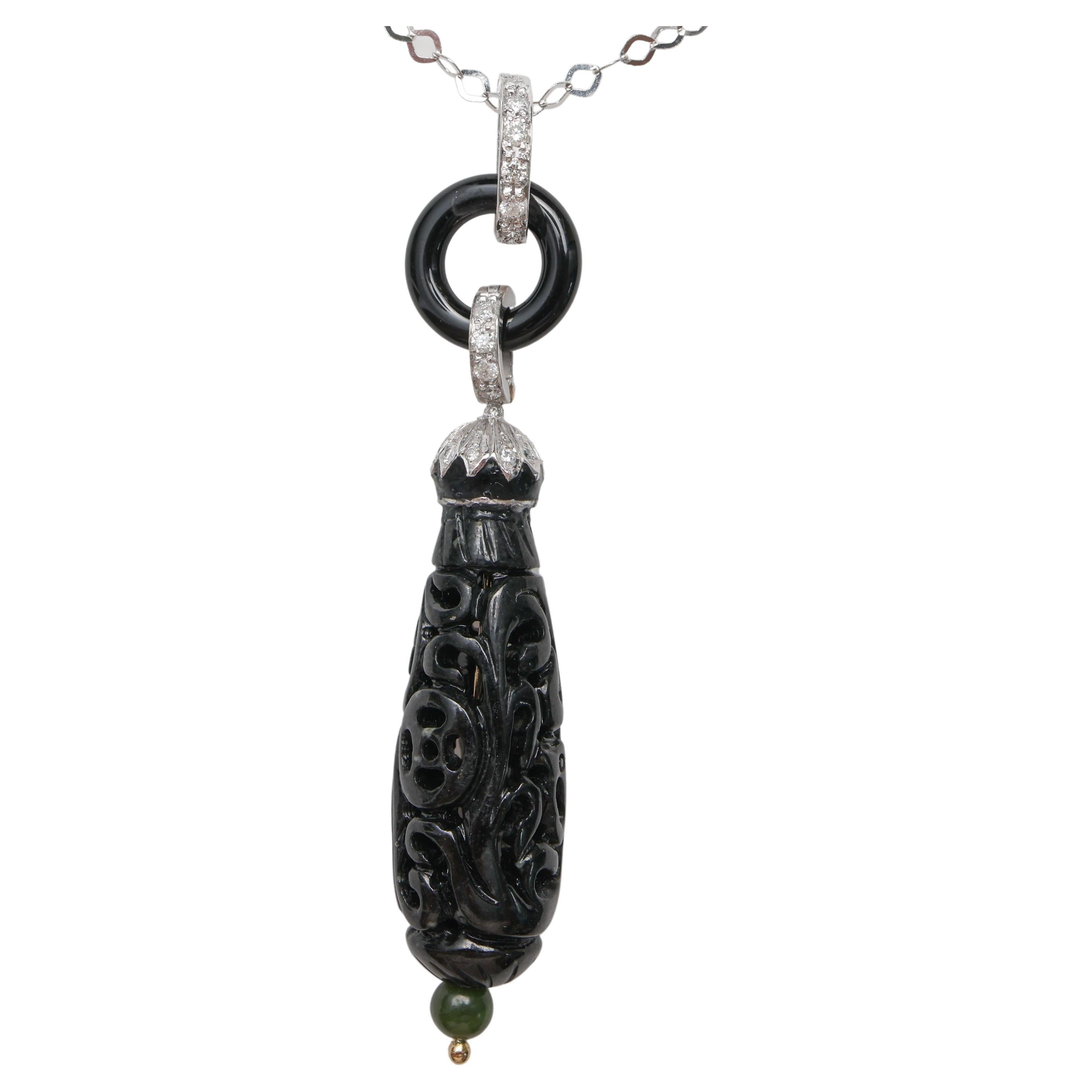 Black Jade Pendant with Onyx and Diamonds Art Deco Style