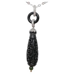 Vintage Black Jade Pendant with Onyx and Diamonds Art Deco Style