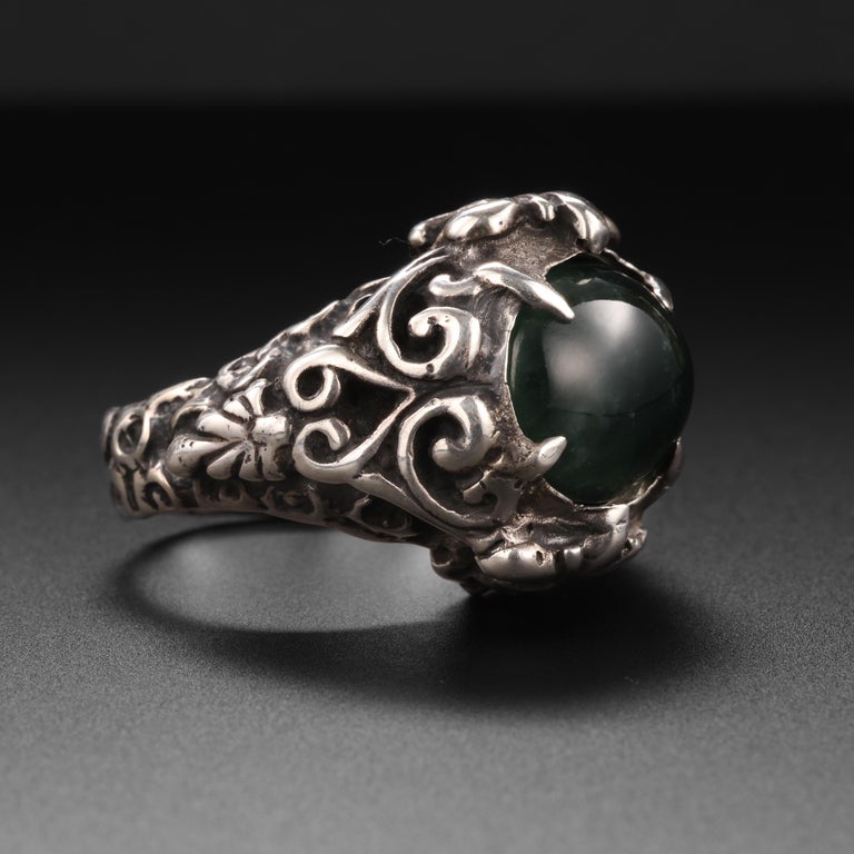 Black Jade Ring in Handmade Baroque Silver Setting For Sale at