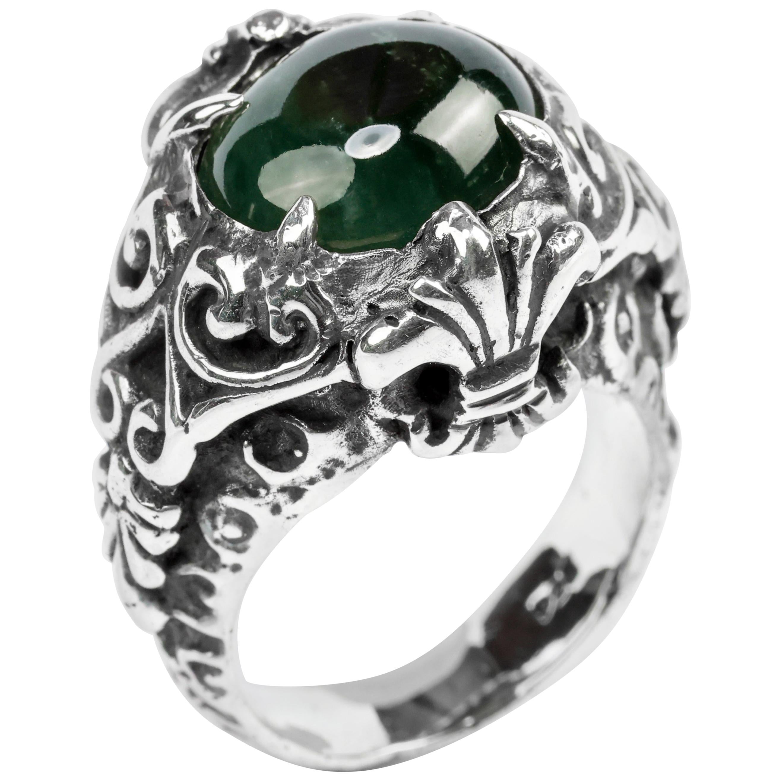 Black Jade Ring in Handmade Baroque Silver Setting