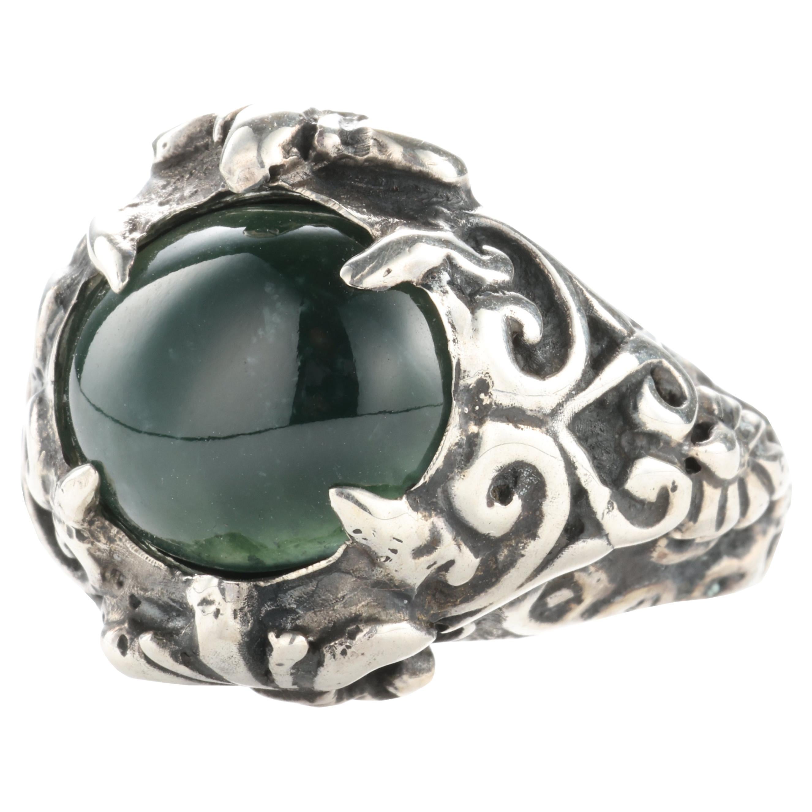 Black Jade Ring in Handmade Baroque Silver Setting For Sale