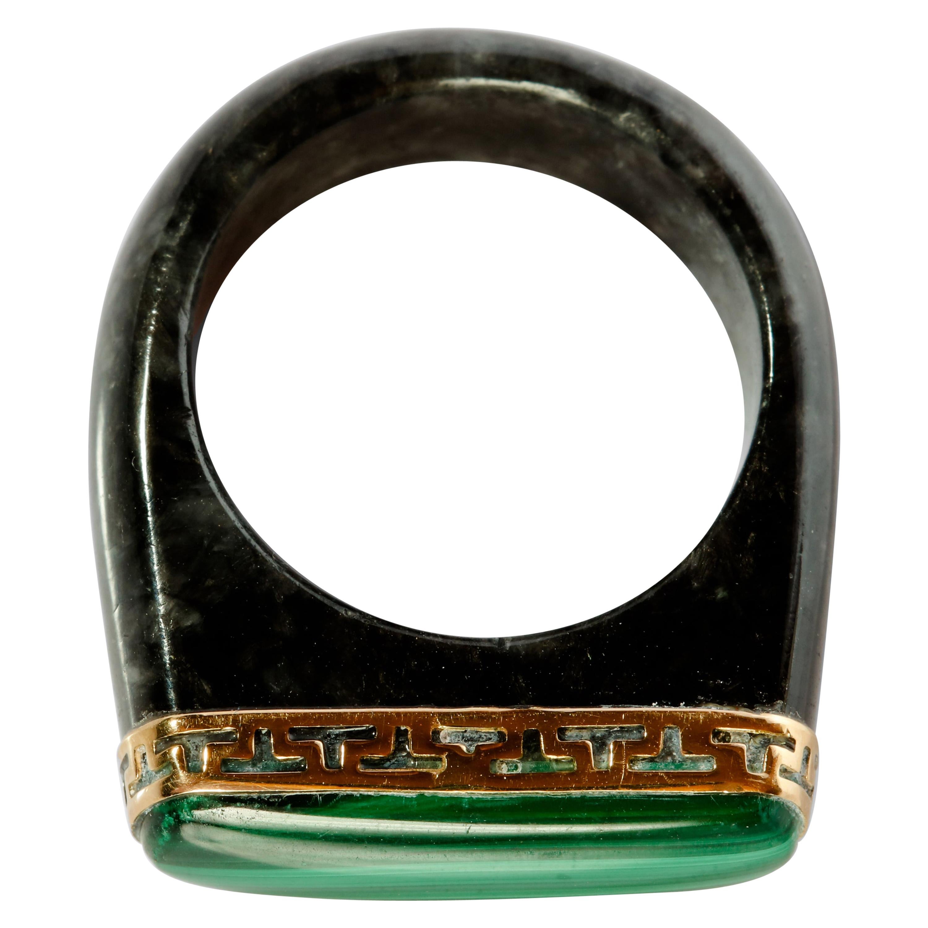 Black Jade Saddle Ring with Malachite