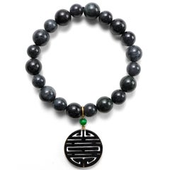 Black Jade Bracelet with Vivid Green Accent Bead and Double Happiness, 18k