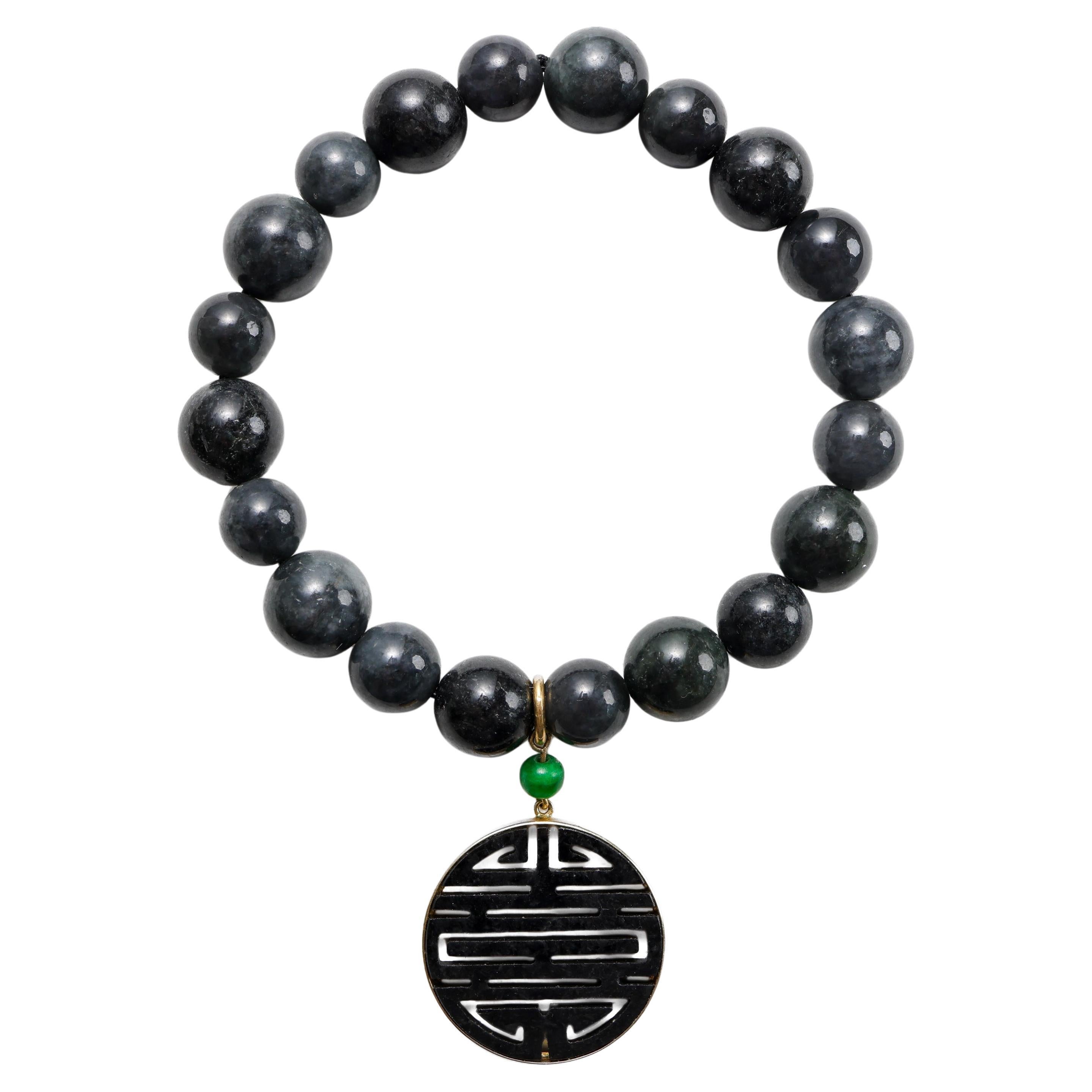 Black Jade Bracelet with Vivid Green Accent Bead and Double Happiness, 18k For Sale