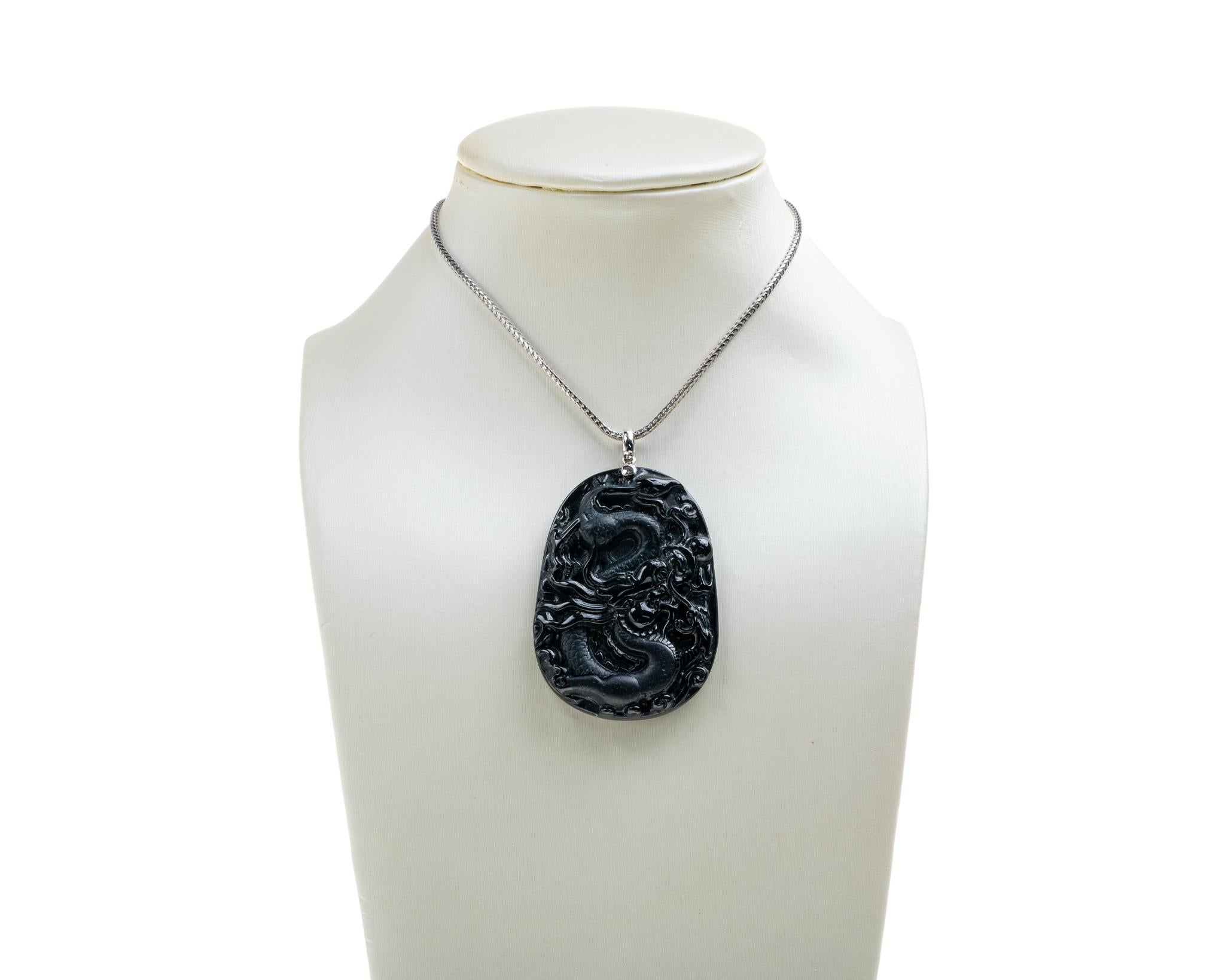 Contemporary Black Jadeite Jade Dragon Pendant, Certified Untreated For Sale