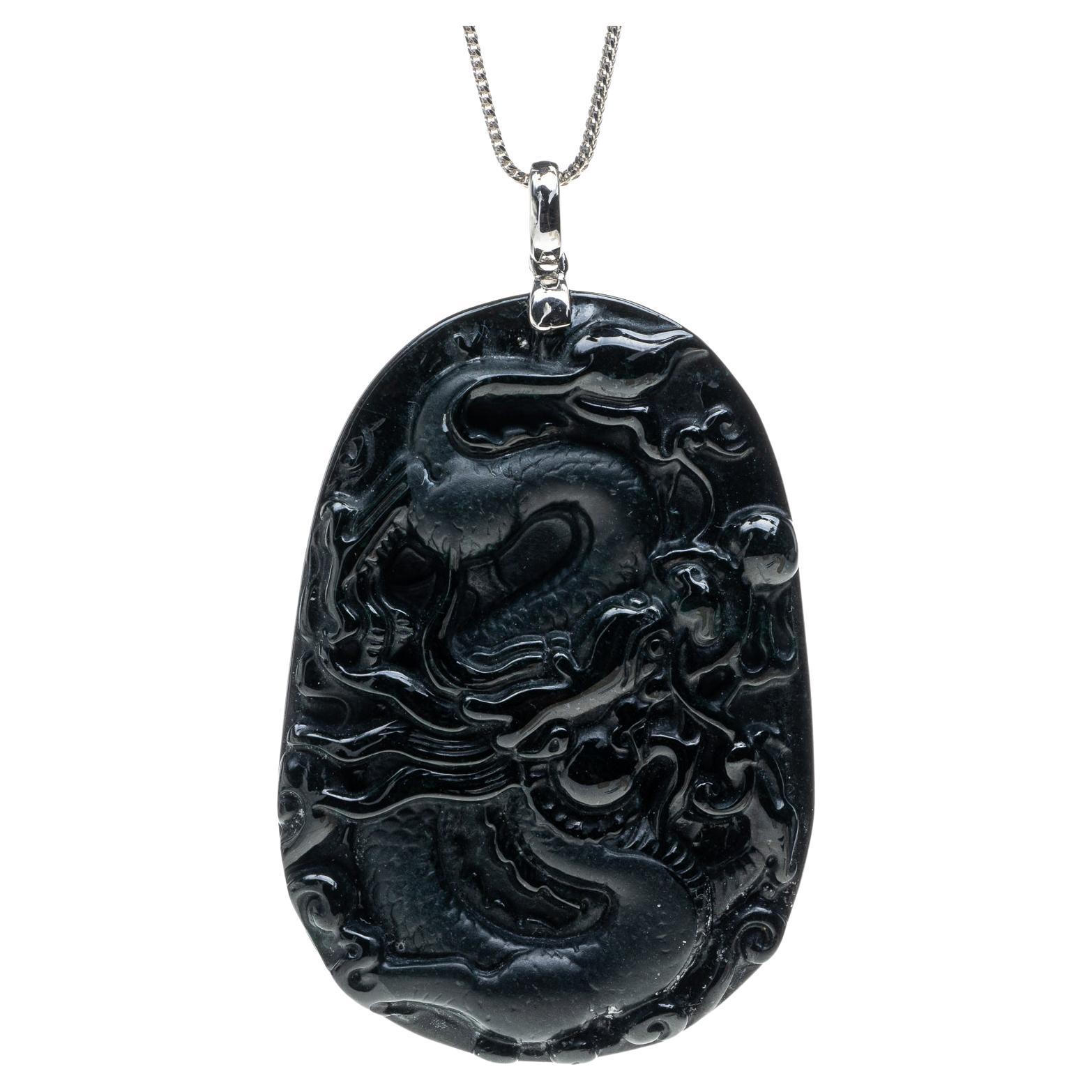 Black Jadeite Jade Dragon Pendant, Certified Untreated For Sale