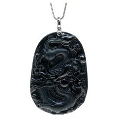 Antique Black Jadeite Jade Dragon Pendant, Certified Untreated