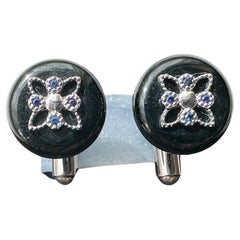 Black Jadeite & Sterling Silver Cufflinks with Blue Zircon — Handmade Hong Kong