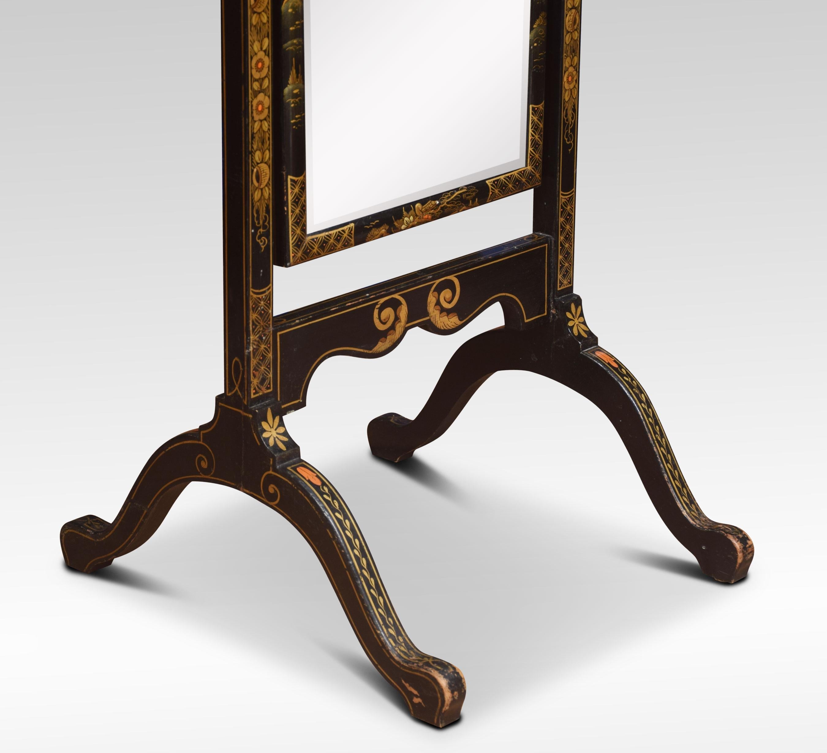 Black Japanned and parcel-gilt cheval mirror the bevelled mirror plate within a frame decorated with chinoiserie figures, leaves, flowers, scrolls and butterflies, with urn finials. All raised up on splayed legs.
Dimensions:
Height 62.5